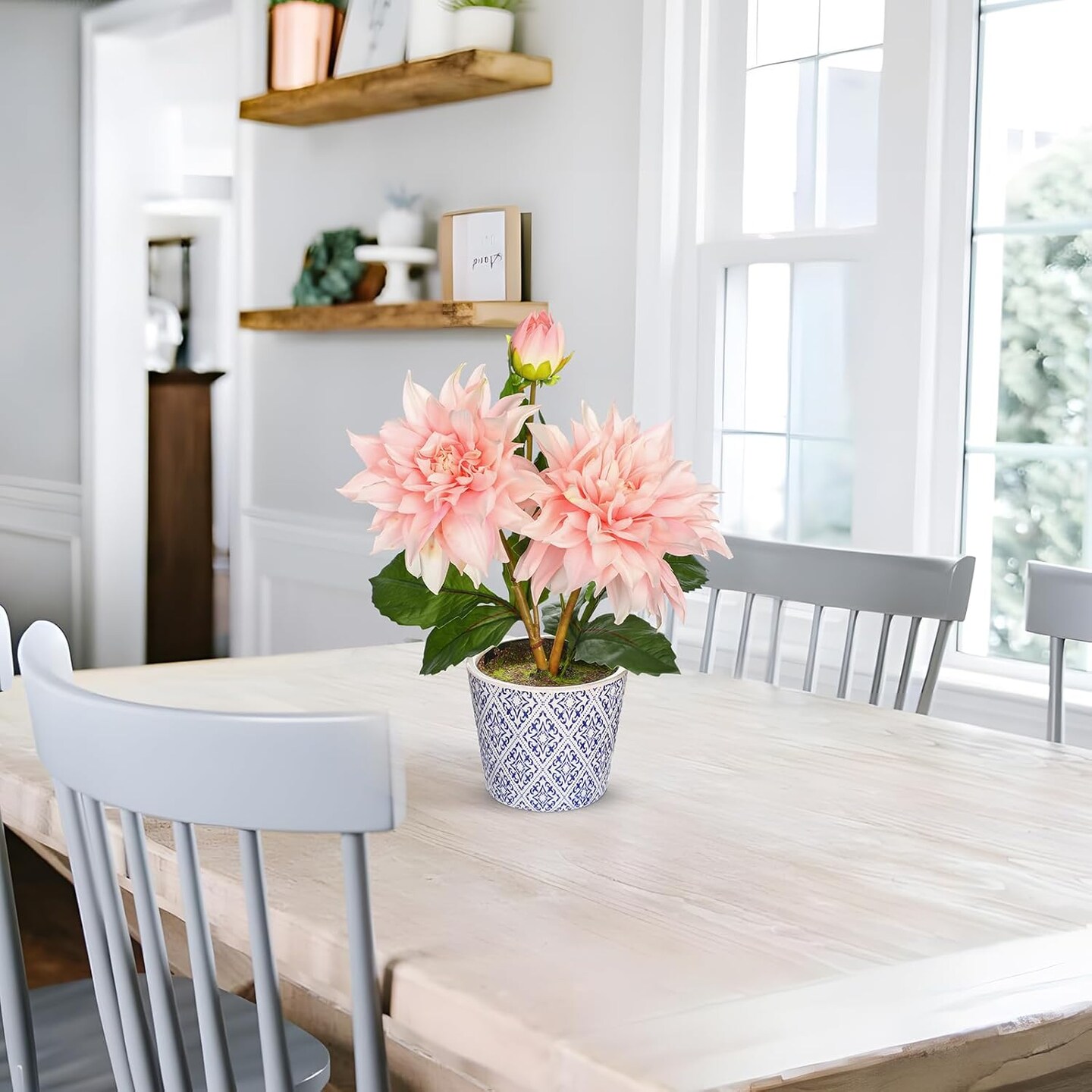 Spring Tabletop Decor – Artificial Dahlia Flower Arrangement in Blue & White Ceramic Pot, 13.8" Silk Dahlia Floral Centerpiece for Dining Table, Home, Office & Shelf Decor (Pale Pink)