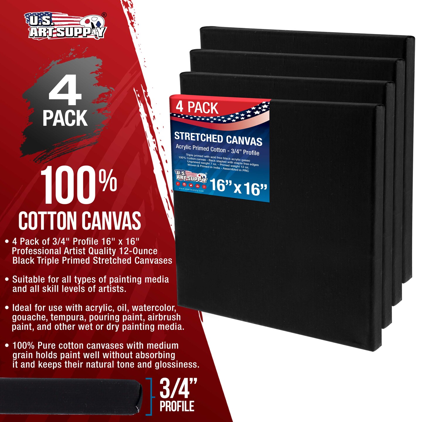 16 x 16 inch Black Stretched Canvas 12-Ounce Primed, 4-Pack - Professional Artist Quality 3/4&#x22; Profile, 100% Cotton, Heavy-Weight, Gesso