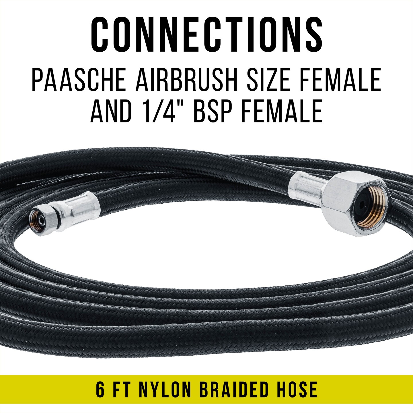 6&#x27; Nylon Braided Airbrush Hose with a PAASCHE Airbrush Size Fitting on One End and a Standard 1/4&#x22; Size Fitting on the Other End (Hose color may vary)