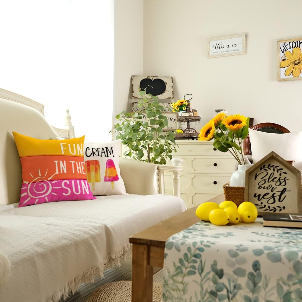 Summer Pillow Covers 18x18 Inch Set of 4 Popsicle Ice Cream Pillows Decorative Throw Pillows with Says Fun in The Sun Summer Decorations Farmhouse Decor Cushion Case for Sofa Couch G283-18