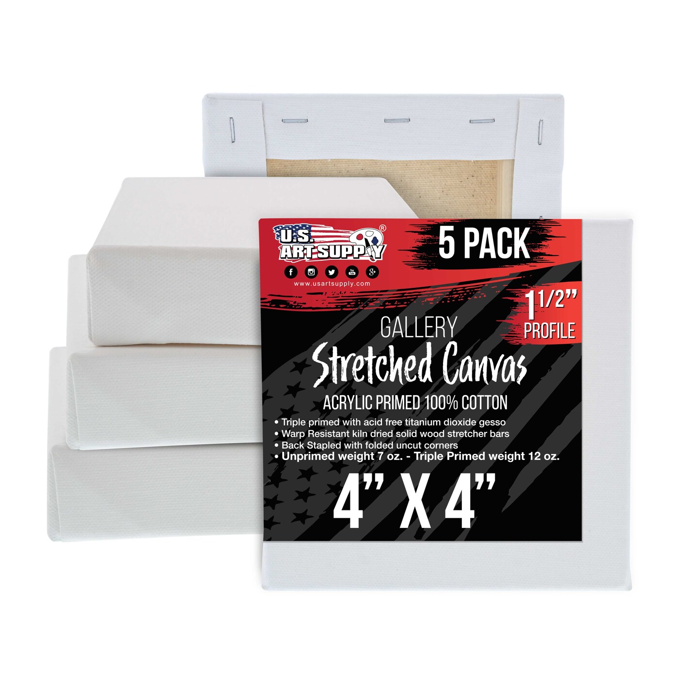 5-Pack Bulk Stretched Canvas for Painting 4 x 4 inch, Gallery Depth 1-1/2&#x22; Profile - 12oz Acrylic Gesso Triple Primed, Professional Artist Quality, 100% Cotton - Oil, Pouring Paint