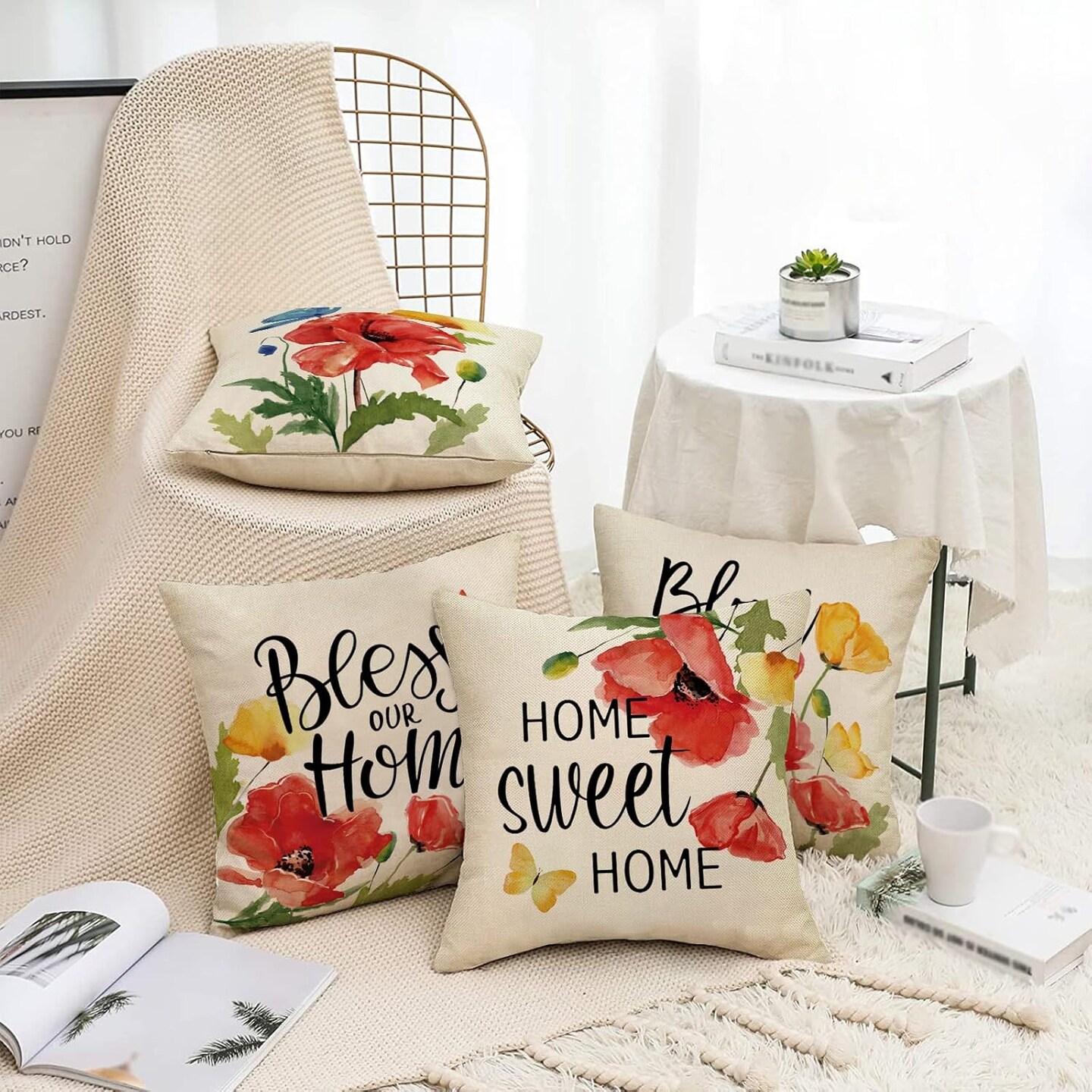 Poppy Floral Flowers Decorative Throw Pillow Covers 18 x 18 Set of 4, Spring Summer Bless Our Home Sweet Home Porch Patio Outdoor Pillowcase Bloom Sofa Couch Cushion Case Home Decor