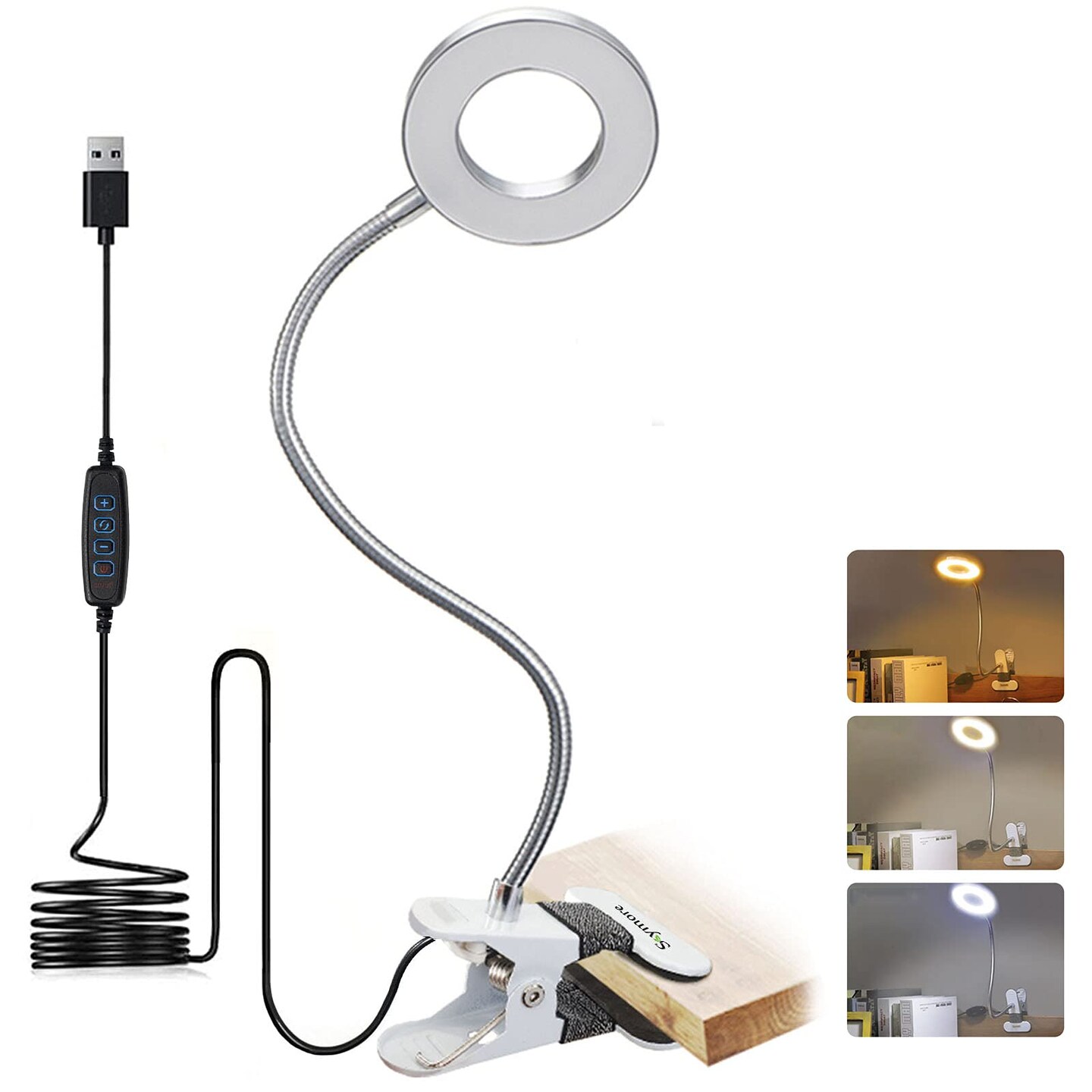 Skymore Clip on Light -3 Color Modes&#x26;10 Brightness LED Reading Desk Light with Clamp Flexible Gooseneck Book Light for Kids&#x27; Bedtime Reading, Zoom Meetings, Clip on Table, Headboard, Dorm&#x26;Office Use