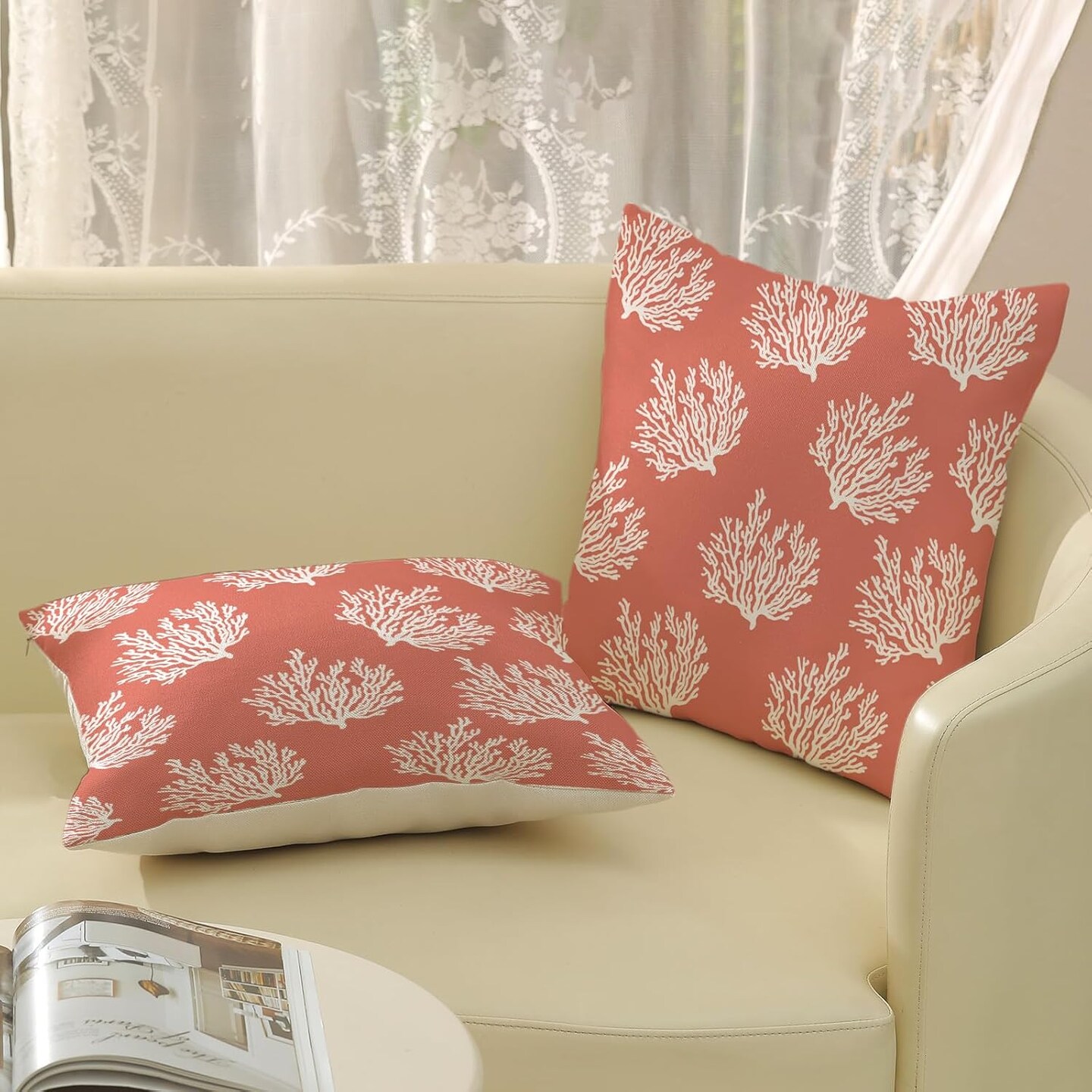 Summer Coastal Pillow Covers 18x18 Pack of 2 Ocean Themed Coral Throw Pillow Covers Outdoor Decoration,Beachy Nautical Decor Pillowcase Square Linen Decorative Cushion Case for Home Sofa Couch