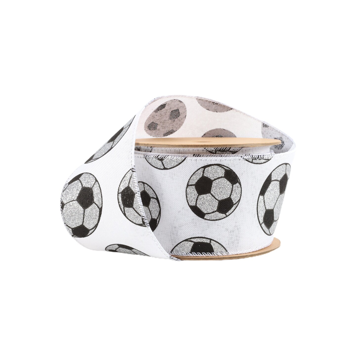 LaRibbons 2 1/2&#x22; Wired Cotton Ribbon | Glitter Soccer Balls on White | 10 Yard Roll