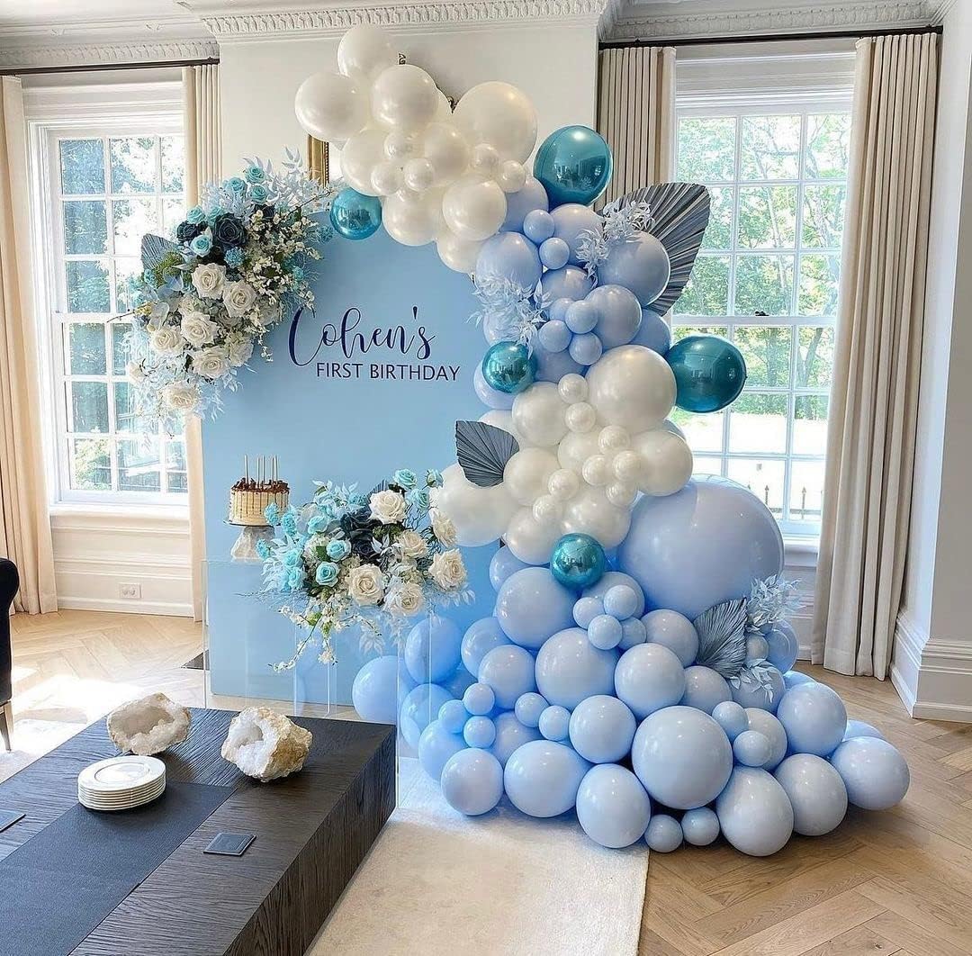 Blue Balloon Arch Kit, 124Pcs Metallic Blue White and Silver Confetti Balloons Different Size Balloons for Baby Shower Bridal Shower Birthday Wedding Bachelorette Anniversary Party Decorations