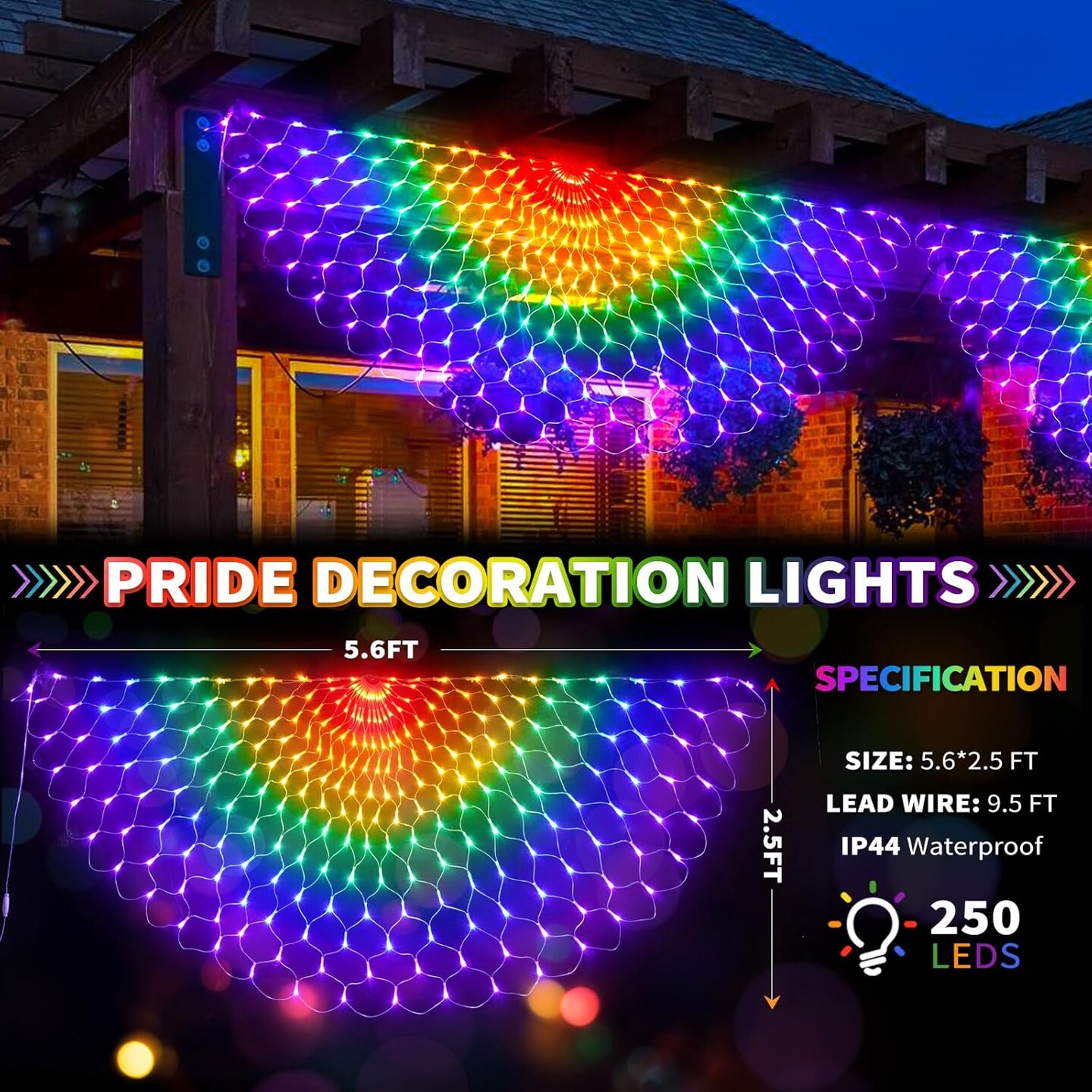 Pride Flag Lights Pride Decorations Lights Outdoor Pride Bunting for Pride Month Connectable, 250LEDs Waterproof Rainbow Flag LED Net Lights, Pride Month Decorations for Room, Yard, Party, Office