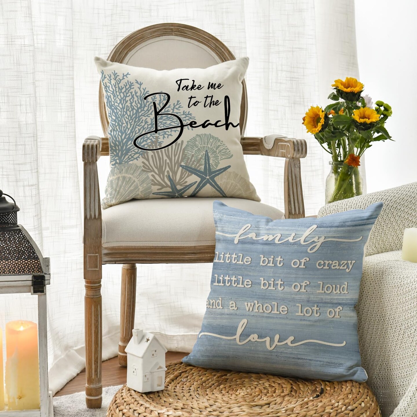 colorlife Summer Take Me to The Beach Coral Starfish Throw Pillow Covers, 18 x 18 Inch Home Sweet Home Motto Blue Cushion Case for Sofa Couch Set of 4