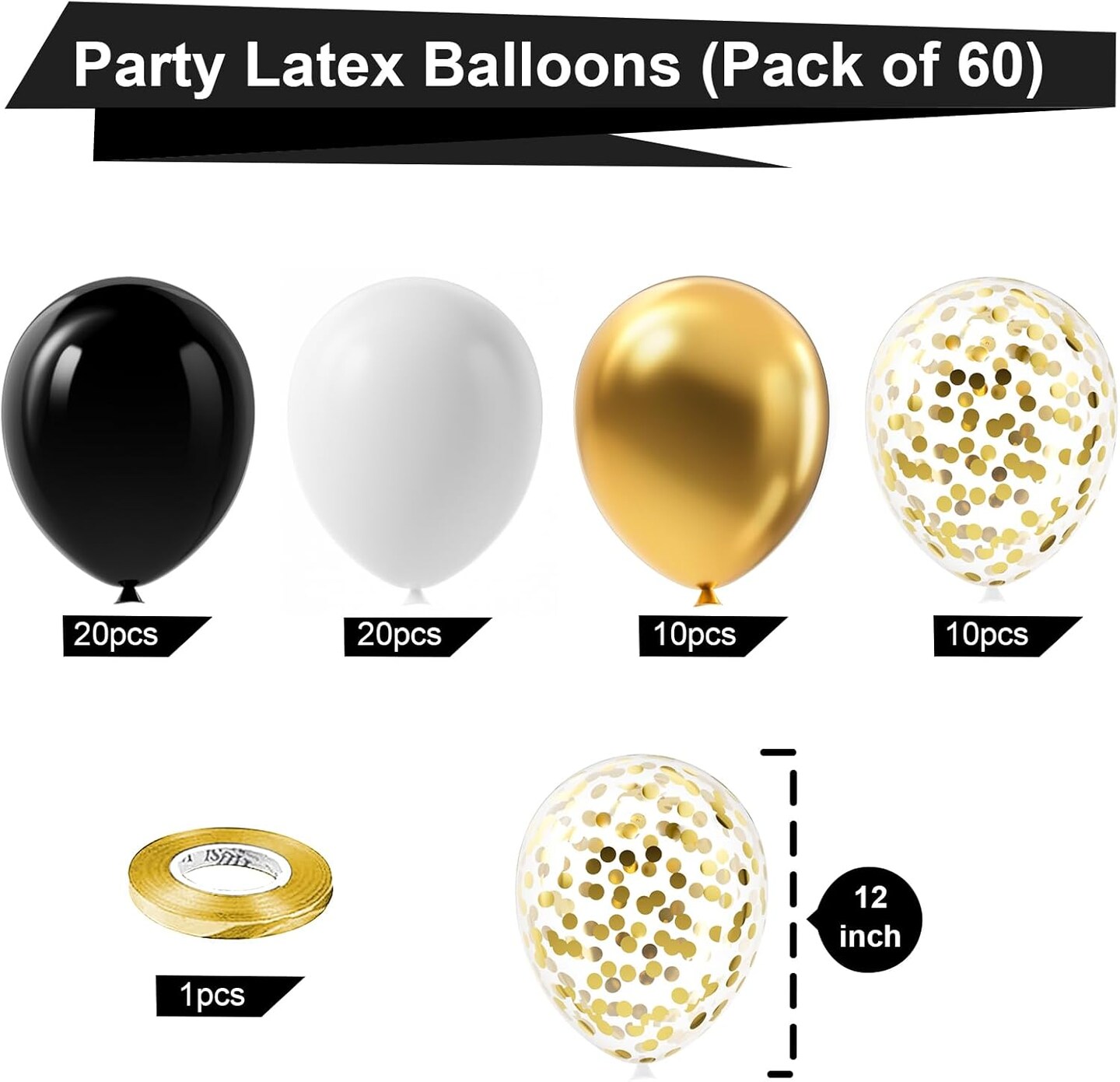 Black and Gold Confetti Balloons,60pcs 12 inch Black White and Gold Metallic Latex Party Balloons Set with Gold Ribbon for Birthday,Wedding,Baby Shower,Gold Theme Party Graduation Decorations