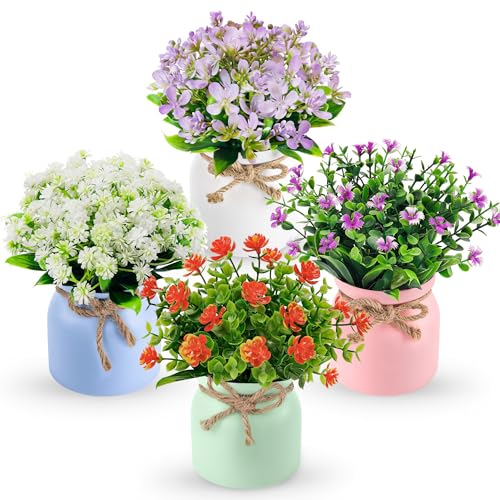 Der Rose Confezione da 4 piccole piante finte artificiali per interni con fiori, decorazioni primaverili per casa, bagno Der Rose Confezione da 4 piccole piante finte artificiali per interni con fiori, decorazioni primaverili per casa, bagno