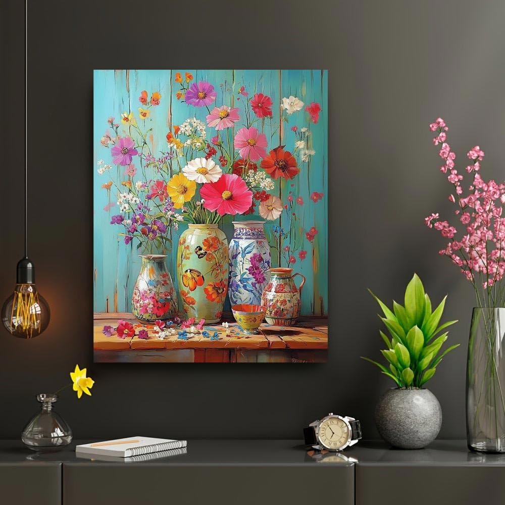 Paint by Numbers for Adults Beginner, DIY Acrylic Flowers Easy Adults Painting by Number Kits, Watercolor Flower Vase Paint by Numbers Kits on Canvas for Home Wall Decor 16x20inch