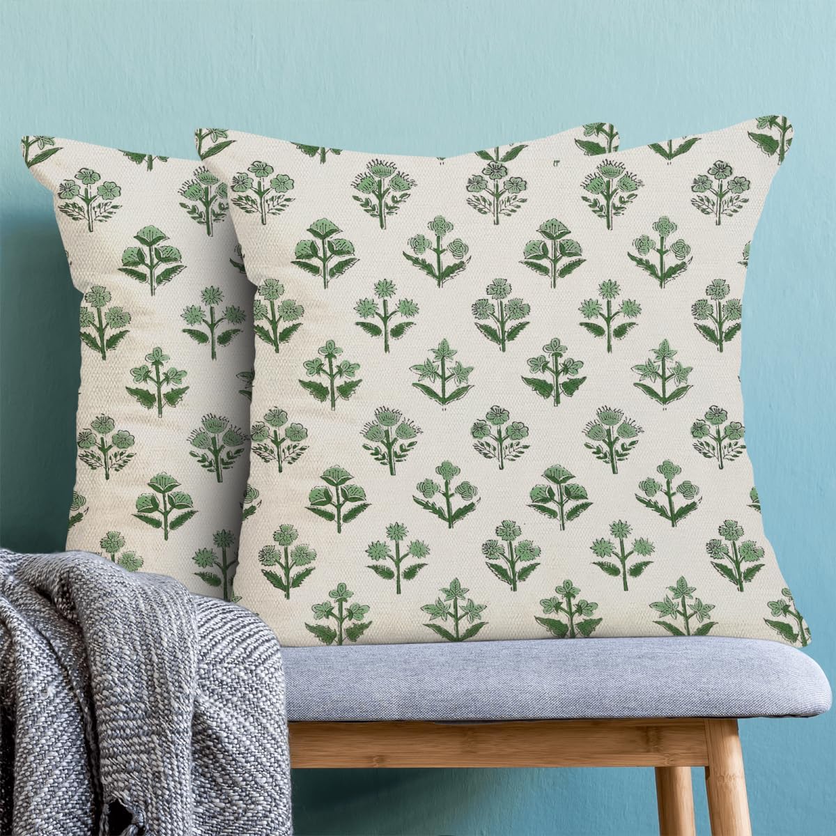 Sage Green Floral Block Print Pillow Covers 18x18 Inch Vintage Spring Flowers Throw Pillow Covers Set of 2 Summer Pillow Cases Outdoor Decorative for Living Room Bedroom Linen Square Cushion