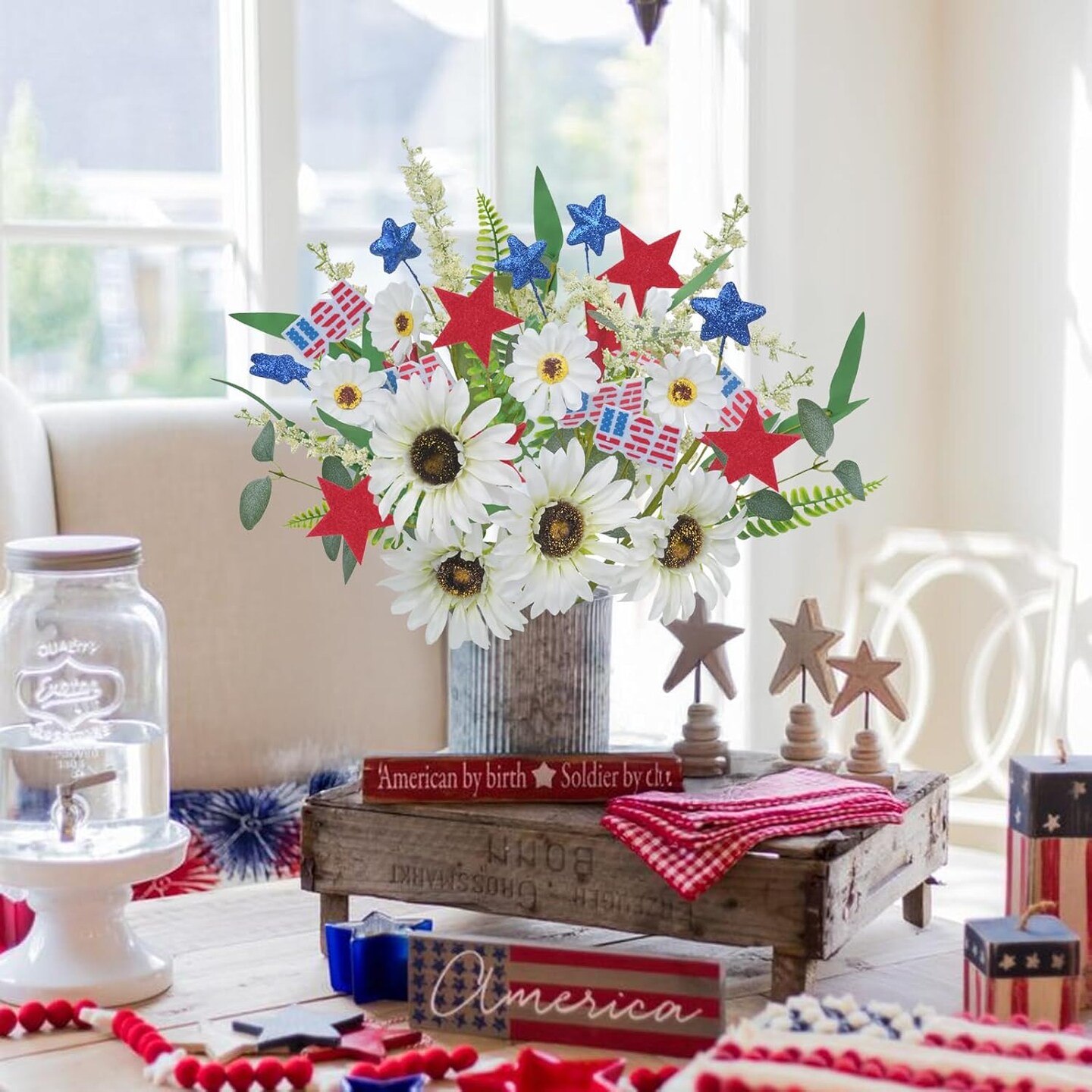 6pcs Silk Wildflower Picks for 4th of July Decorations Artificial Daisy Flowers with Blue &#x26; Red Stars Patriotic Decorations