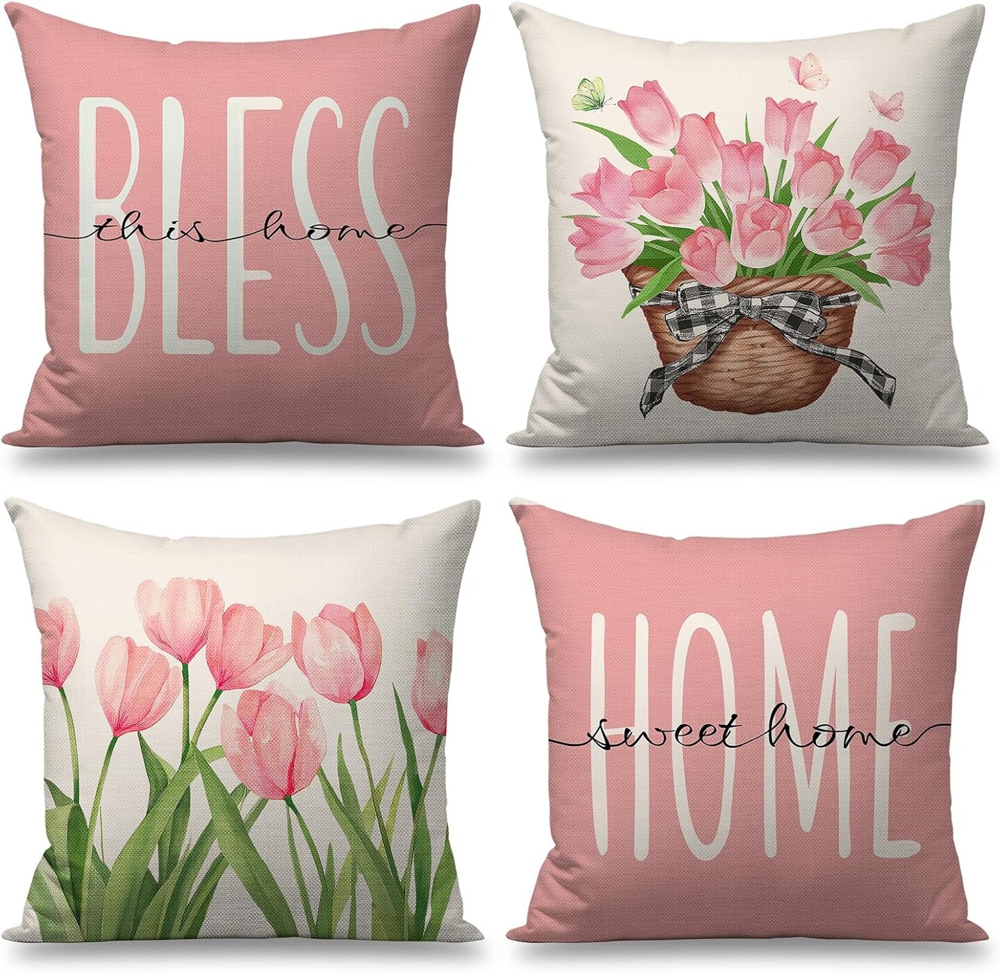 Pillow Covers 18x18 Set of 4 Tulip Home Sweet Home Pink Decorative Throw Pillow Cases Spring Summer Seasonal Decorations for Sofa Couch Farmhouse Home Decor