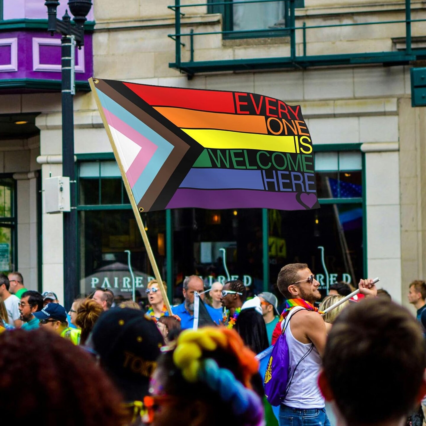 Everyone Is Welcome Here Flag 3x5 Ft Outdoor Progress Pride Flag Polyester Double Sided LGBTQ Pansexual Rainbow Flags for Indoor House Yard Outside Banner Decor