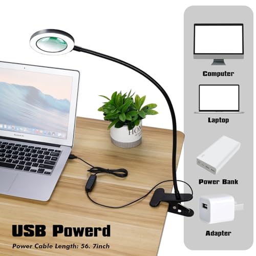 Yeegras Desk Magnifying Glass with Light 10x, Magnifer with 3 Light Color, 10 Adjustable Brightness, Flexible Gooseneck, Magnifying Lamp with Clamp for Craft, Diamond Painting, Soldering, Elderly