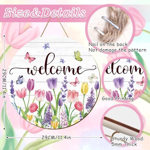 Summer Flower Welcome Door Sign Tulip Wooden Hanging Sign Floral Butterfly Door Hanger Sign for Spring Summer Holiday Indoor Outdoor Farmhouse Home Porch Window Decor