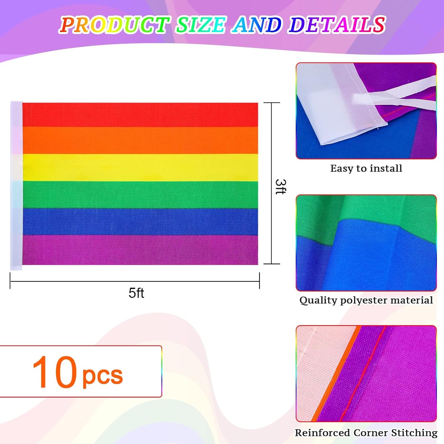 10 Pcs Rainbow Pride Gay Flag 3 x 5 ft LGBTQ Flag Cape Banner Outdoor Indoor LGBT Pride Day Party Events Festival Decorations
