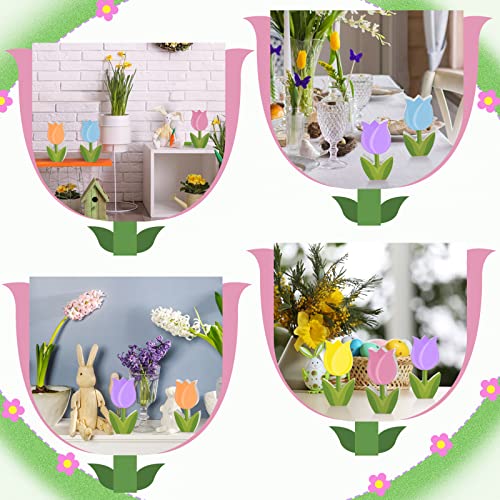 6 Pcs Spring Summer Decor Colorful Tiered Tray Decor Set Wooden Tulip Ice Cream Umbrella Sunglasses Block Signs Spring Summer Table Centerpieces for Farmhouse Home Shelf(Tulips)