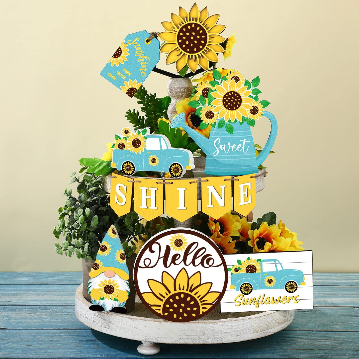 12 Pcs Sunflower Tiered Tray Decor Wooden Summer Tiered Tray Items Truck Gnomes Trays Signs Spring Summer Fall Tabletop Signs for Home Farmhouse Rustic Kitchen Decorations (Sunflower)