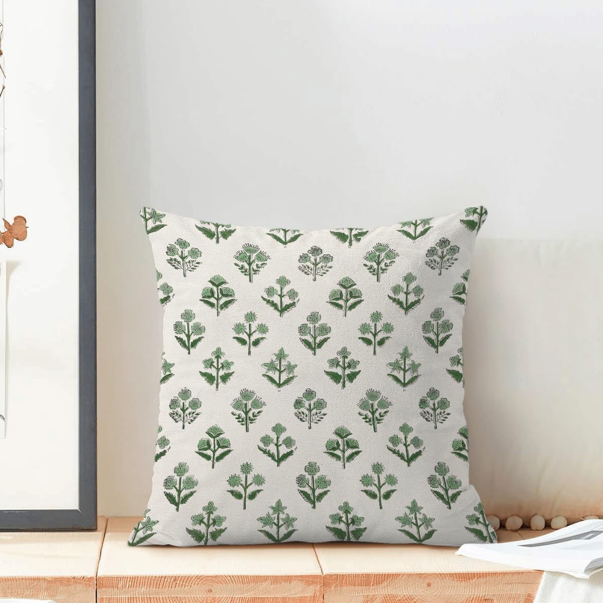 Sage Green Floral Block Print Pillow Covers 18x18 Inch Vintage Spring Flowers Throw Pillow Covers Set of 2 Summer Pillow Cases Outdoor Decorative for Living Room Bedroom Linen Square Cushion