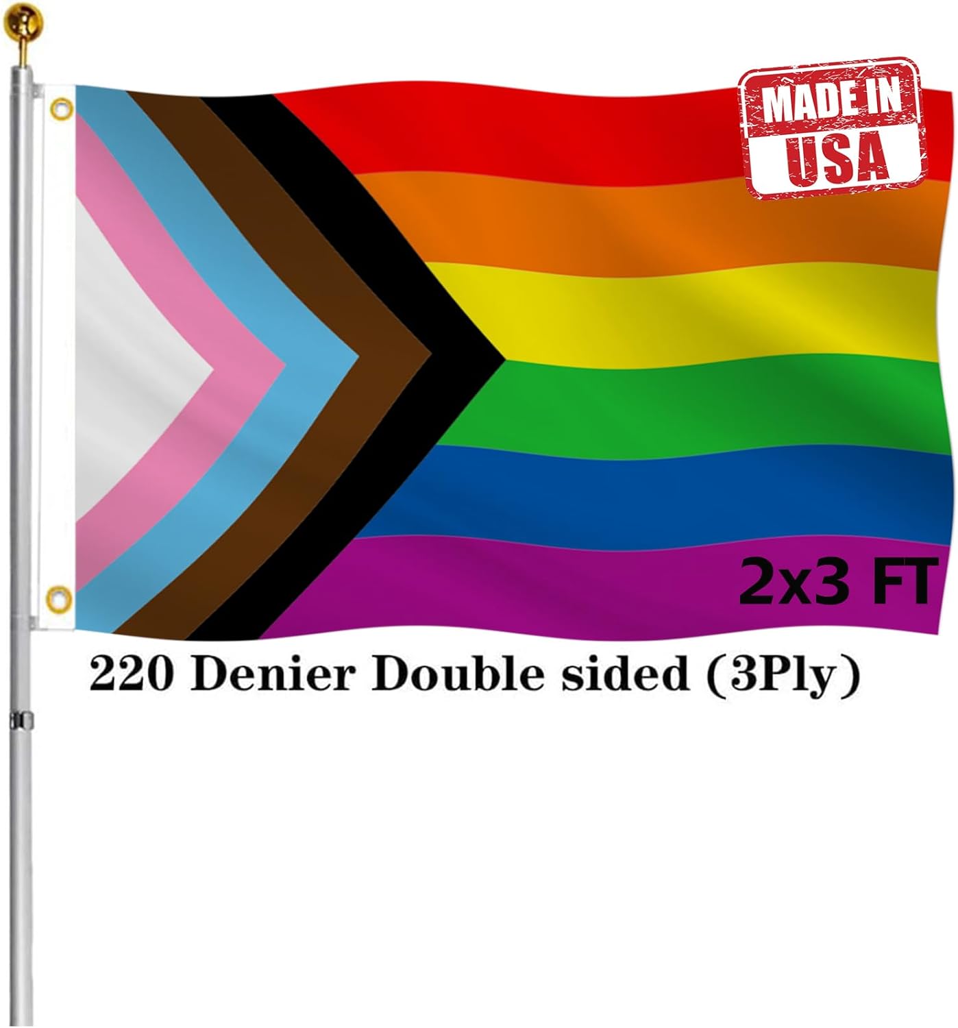 Double Sided Progress Rainbow Gay Pride Flag 2x3 Outdoor- UV Fade Resistant LGBTQ All Inclusive Progressive Flags with 2 Grommets