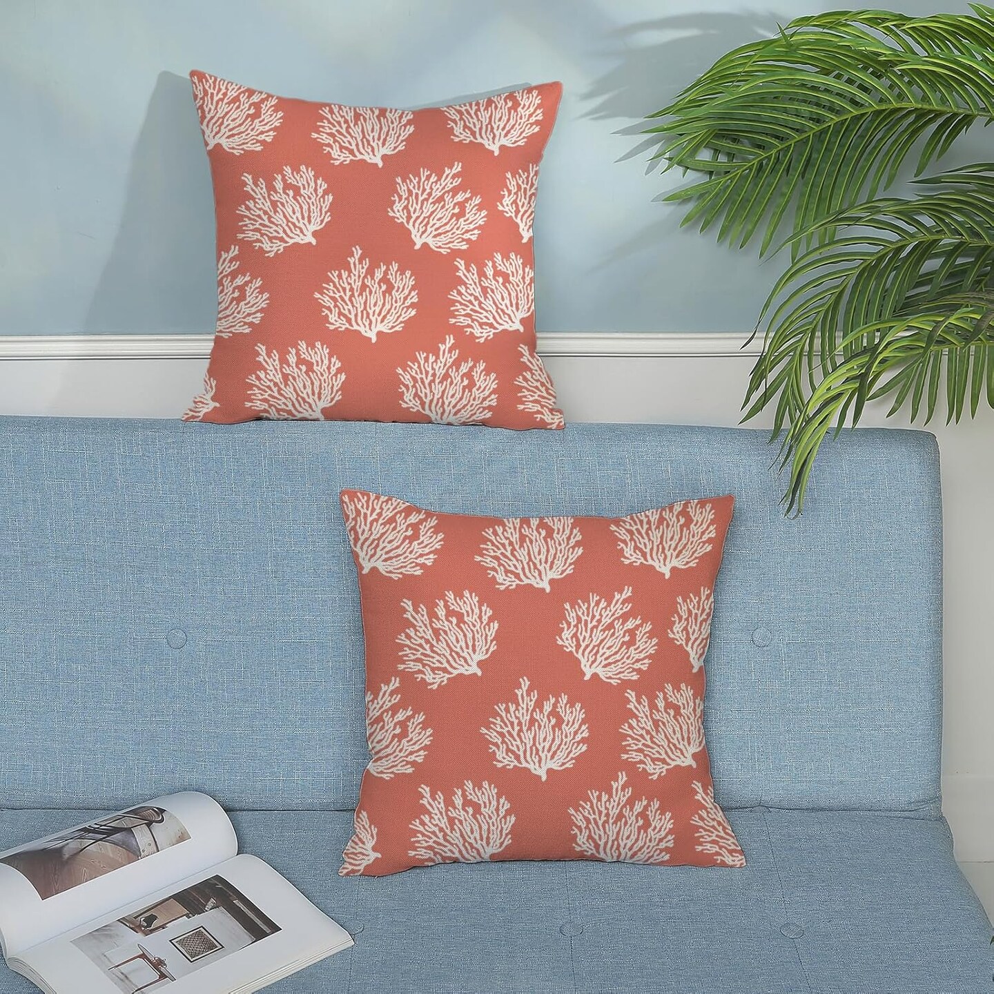 Summer Coastal Pillow Covers 18x18 Pack of 2 Ocean Themed Coral Throw Pillow Covers Outdoor Decoration,Beachy Nautical Decor Pillowcase Square Linen Decorative Cushion Case for Home Sofa Couch