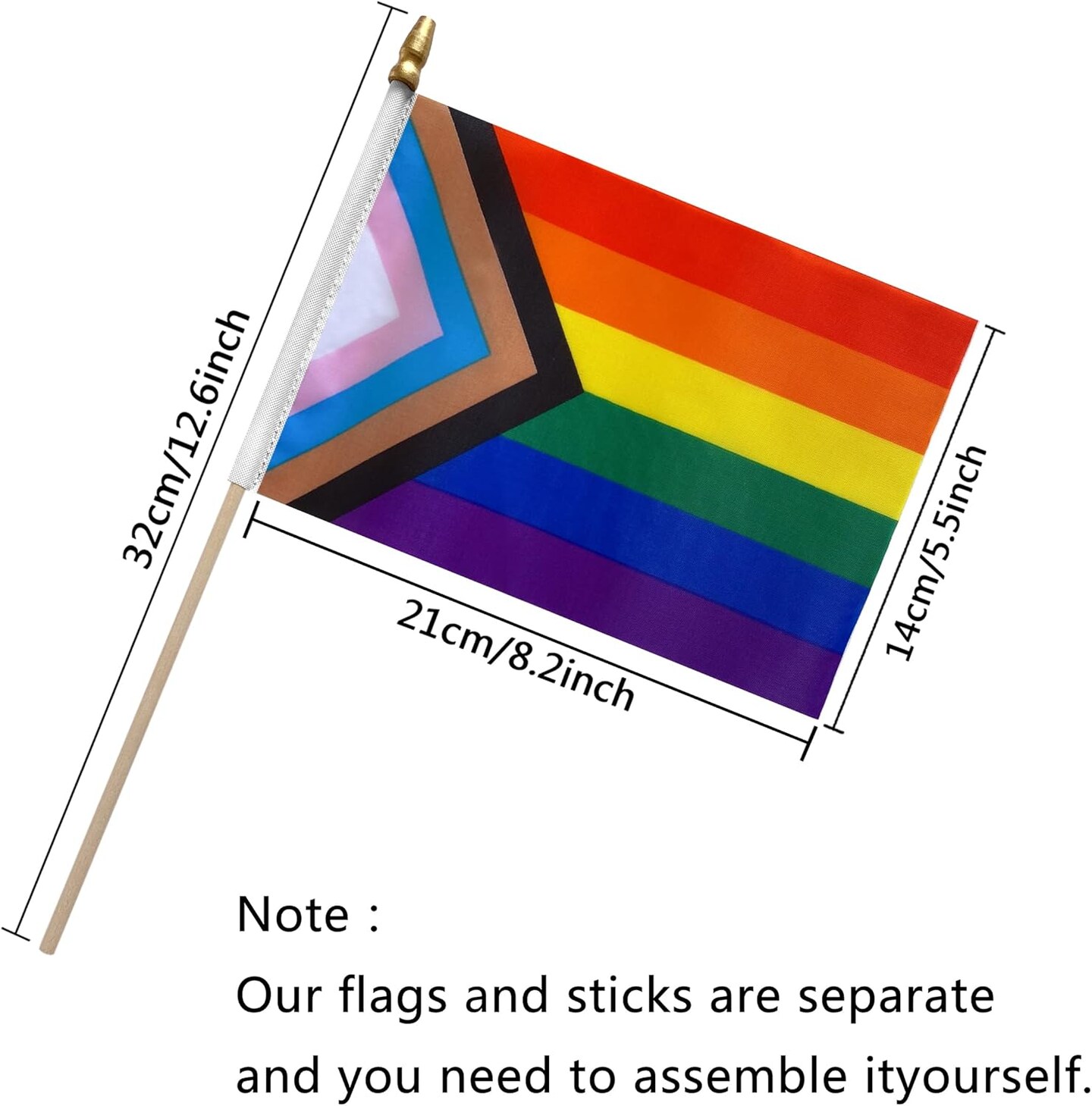 Progress Rainbow Gay Pride Stick Flag Small Mini Hand Held LGBT Flags,5x8 Inch,12 Pack