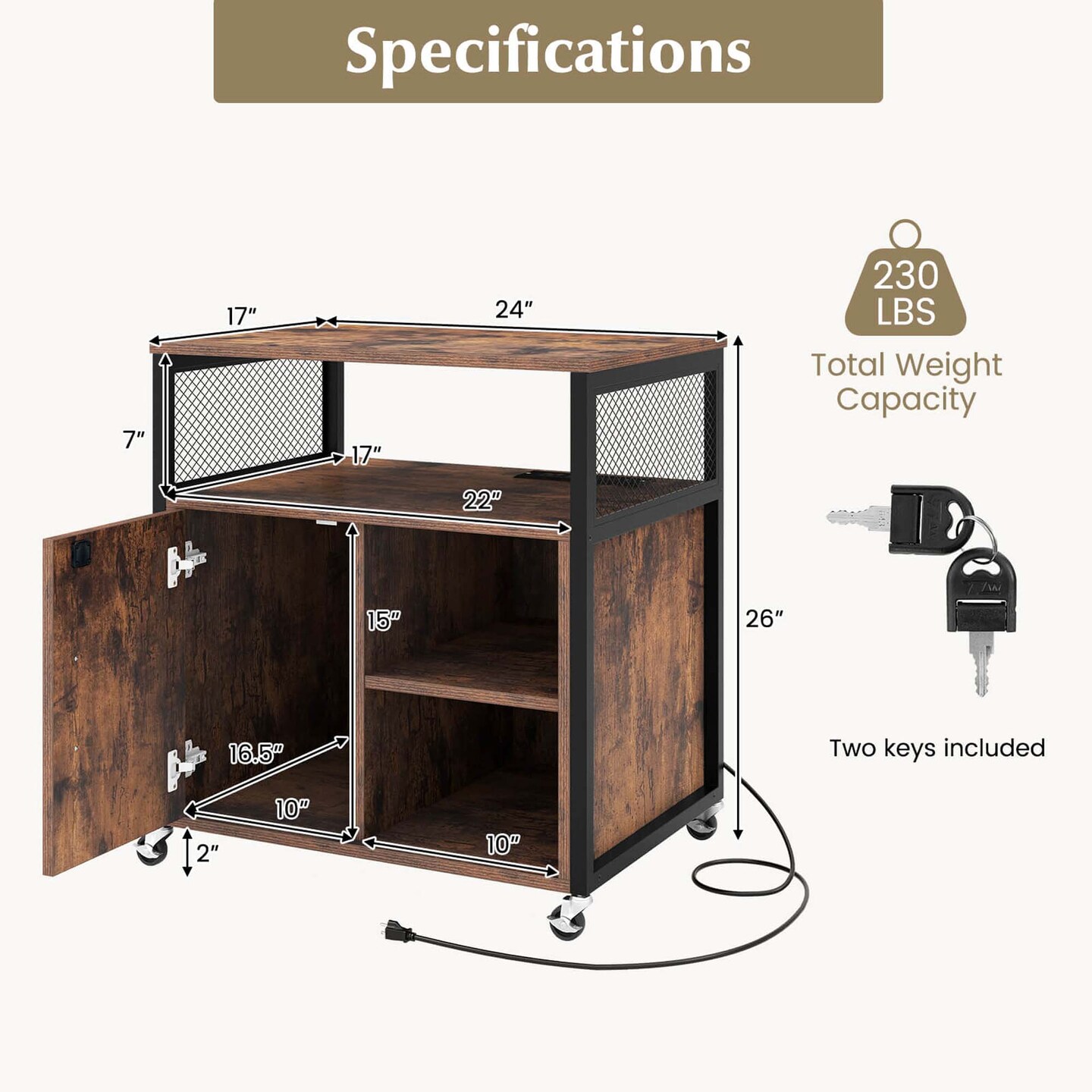 Costway File Cabinet on Wheels with Charging Station & Cable Management Hole Shelves Brown/Grey