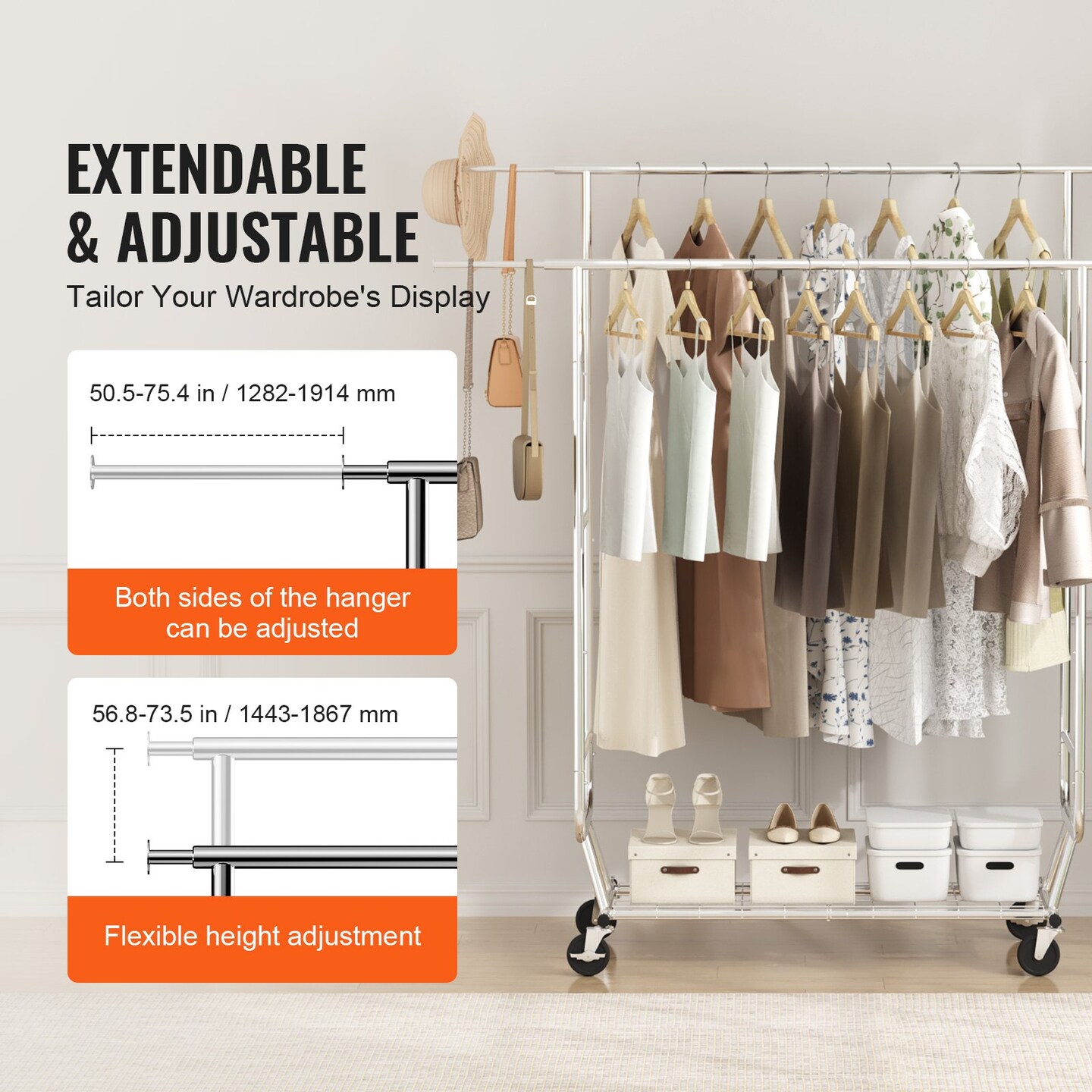 Silver Double Rod Garment Rack with Extendable Height, Bottom Shelf and Casters
