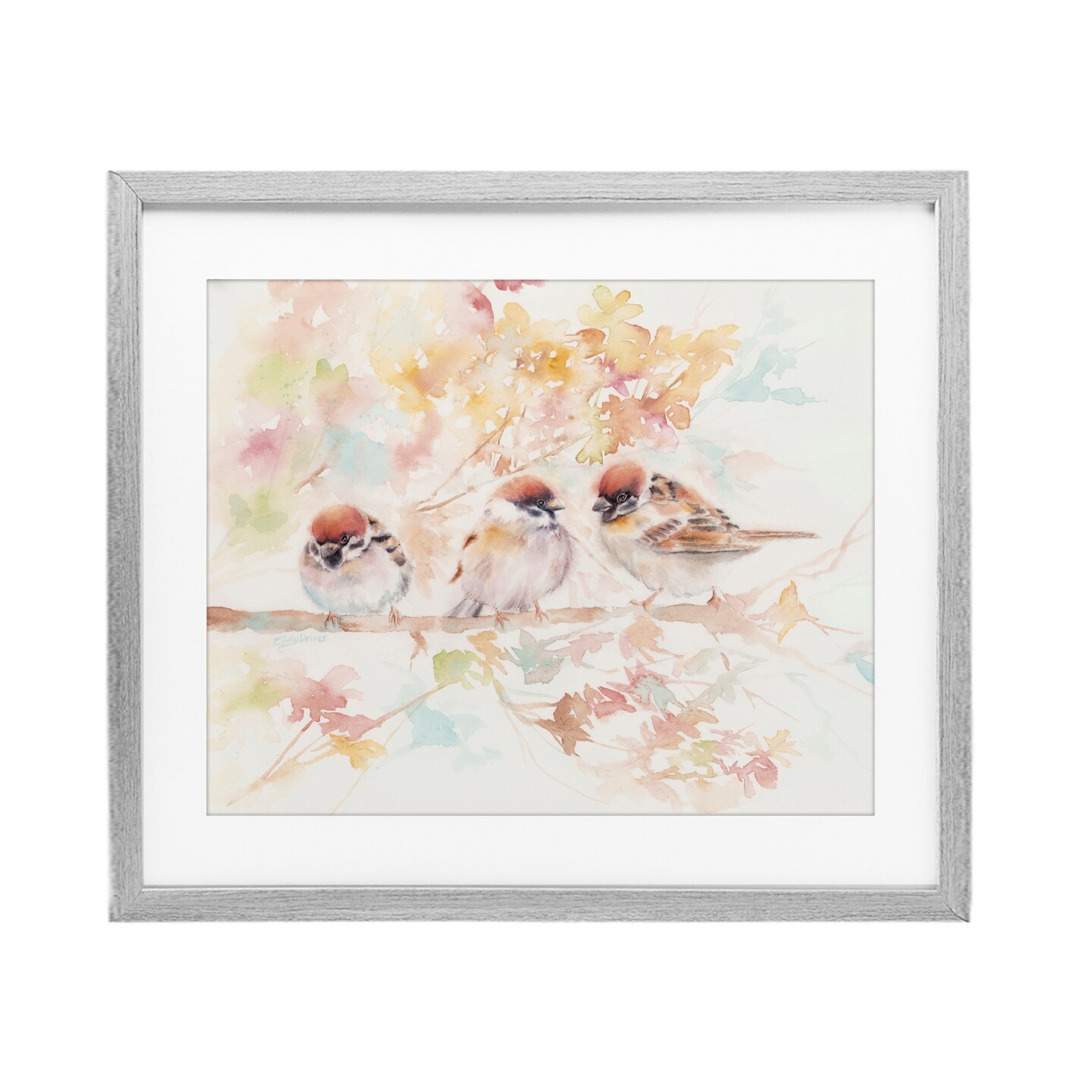 Stupell Industries Trio of Birds on Watercolor Branch Framed Print Under Glass, design by Cady Driver