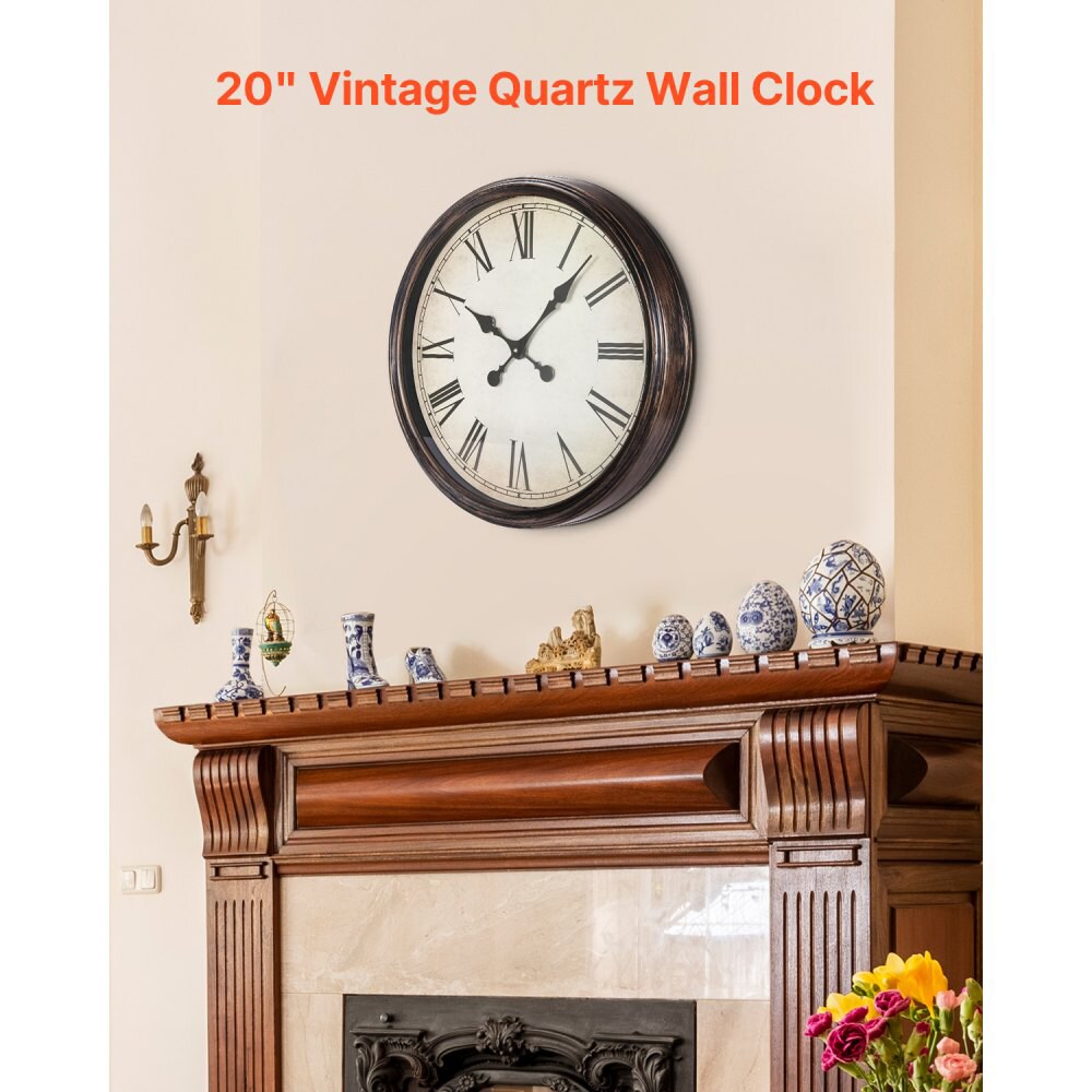 20 Inch Wall Clock with Roman Numerals Battery Operated Silent Round Clock Brown