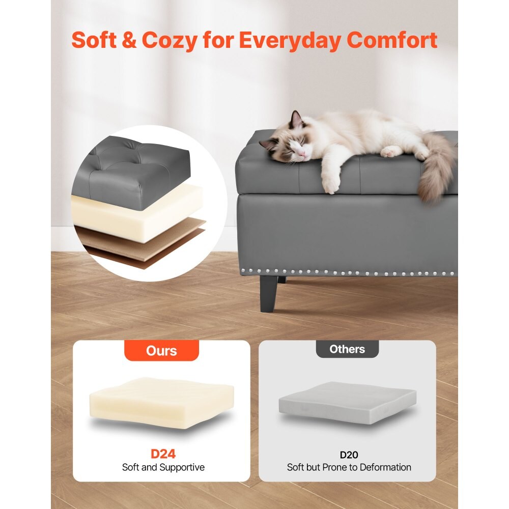 PU Leather Bedroom Storage Bench with Rubber Wood Legs and Soft-Close Lid