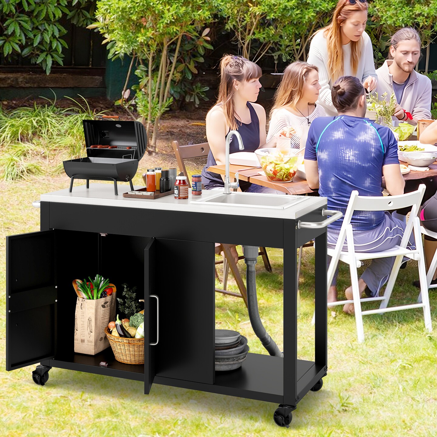 Portable Grill Cart with Stainless Steel Sink, Wheels, Storage Cabinet and Towel Rack Handles
