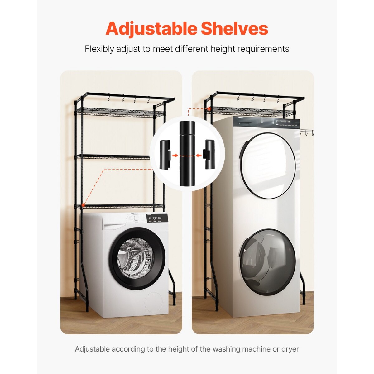 Black Carbon Steel Over-Washer Storage Shelf with 3 Layers, Hooks and Rod