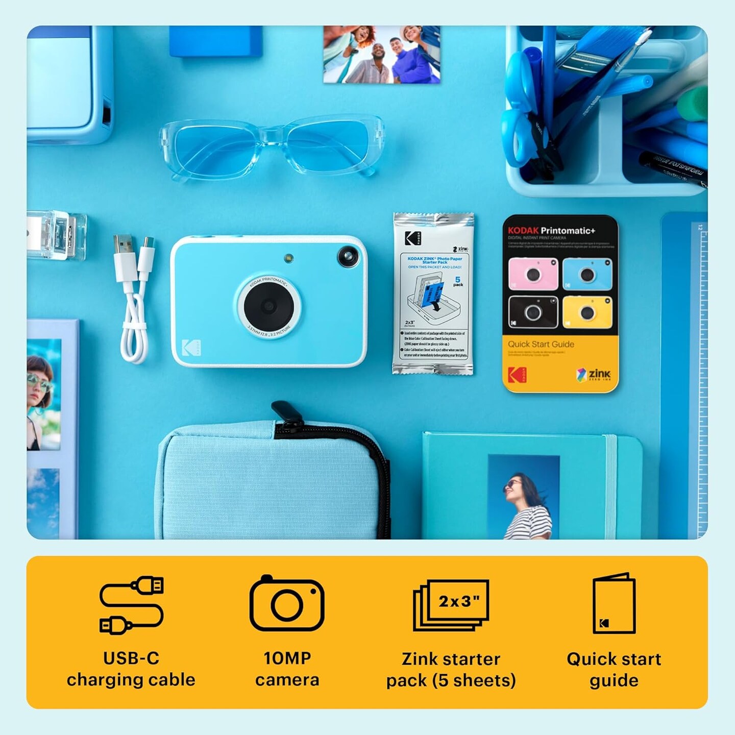 Kodak Printomatic+ Instant Print Digital Camera Starter Bundle + Carrying Case + Zink 20pk Sticky-Back Photo Paper - 10MP, Full-Color Photos, RGB LED Status Indicator