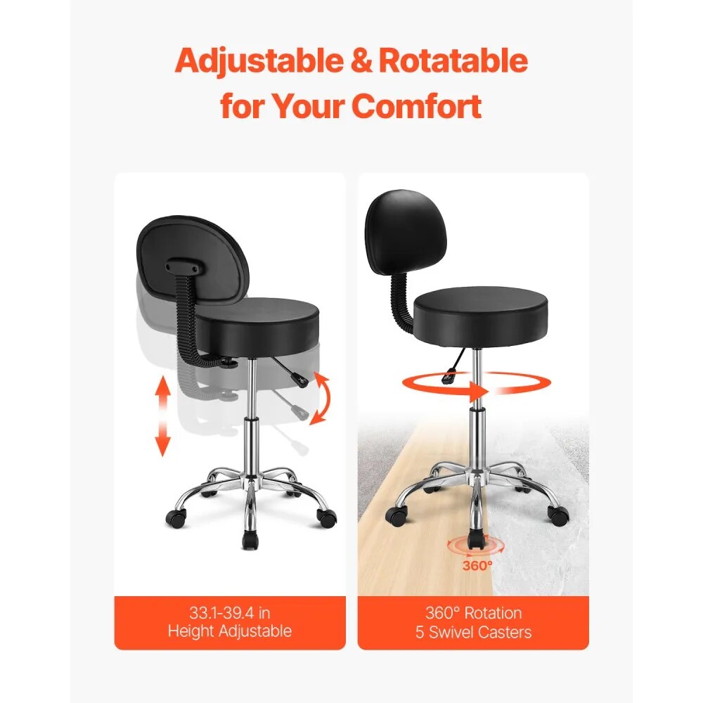 Rolling Stool with Back Support Wheels Height Adjustable PU Leather Swivel Chair Black