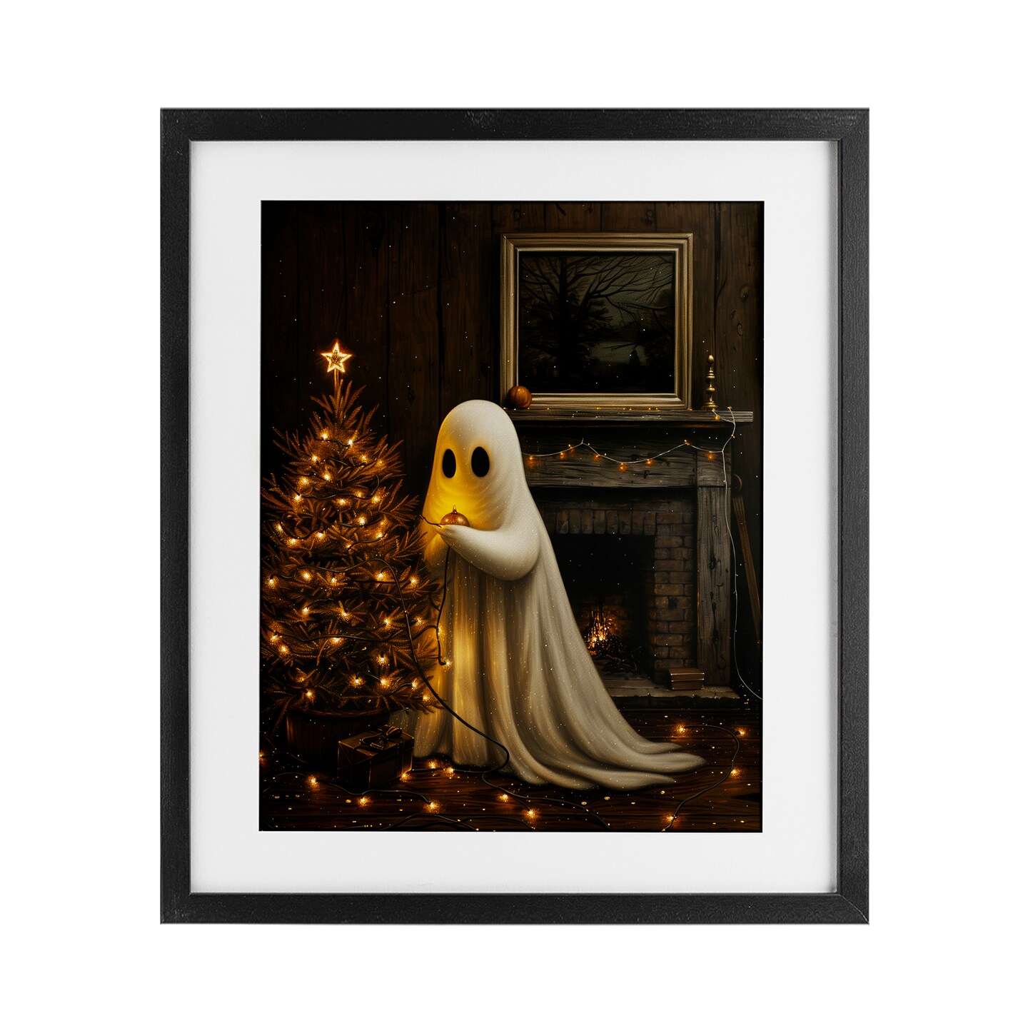 Stupell Industries Christmas Ghost Hanging Lights Framed Print Under Glass, design by Arlington Prints