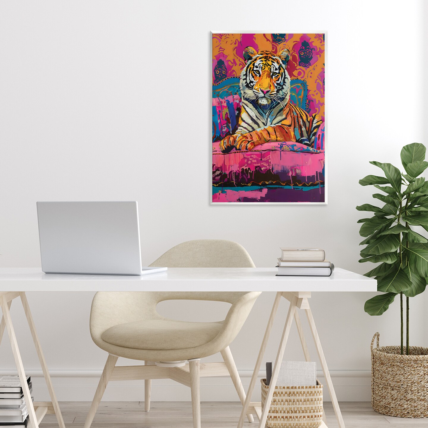 Stupell Industries Lounging Tiger over Orange Pink Wall Plaque, design by LSR Design Studio