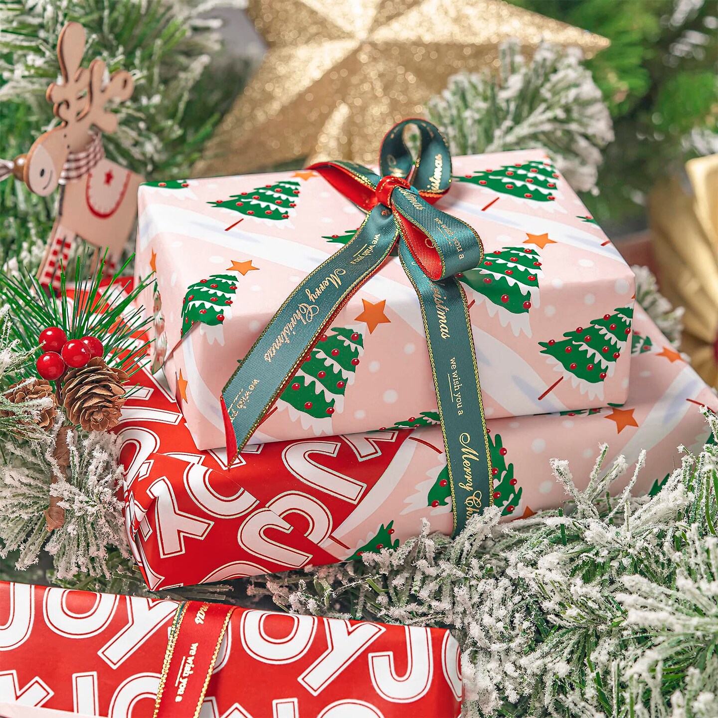 Reversible Christmas Wrapping Paper - Mini Roll - 17 Inch x 33 Feet - Christmas Tree Wrapping Paper with Joy Lettering Perfect for Holiday, Party, Celebration