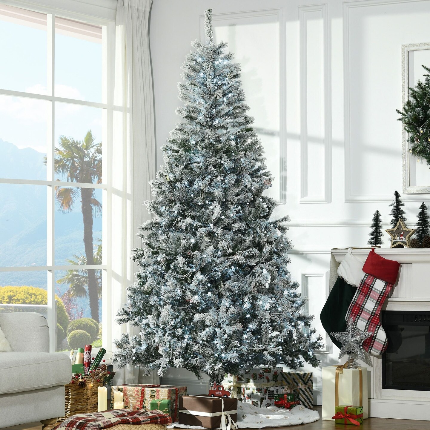 Edge Collections - 7.5' - Green - Prelit Flocked Christmas Tree with Auto Open Design - 1 Piece