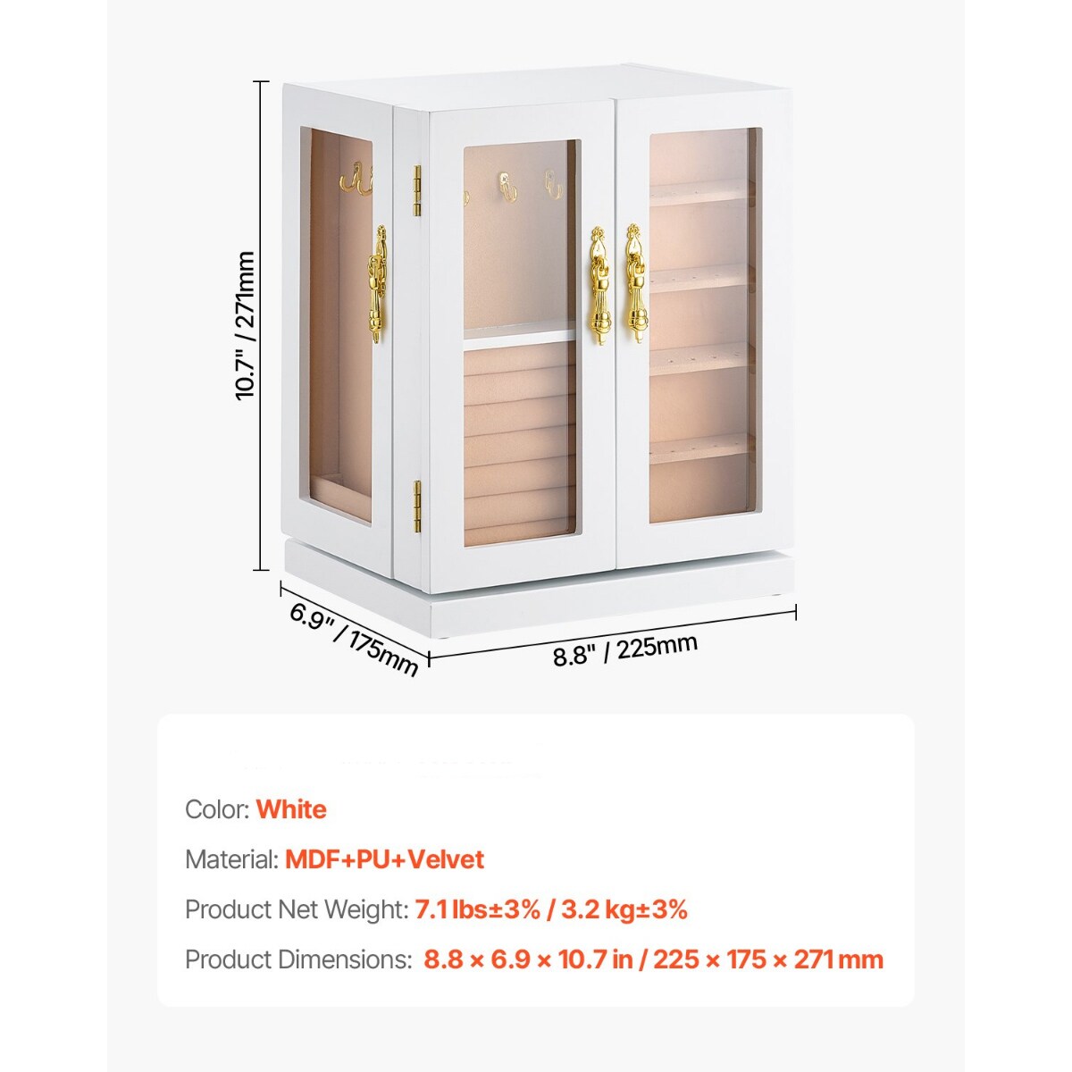 360 Rotating Jewelry Box Organizer with Acrylic Window and Necklace Hooks Storage Case