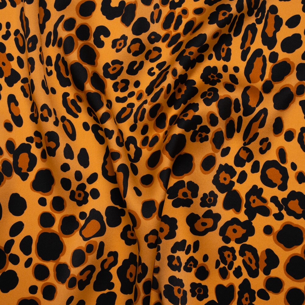 1 Yard Italian Tan Brown and Black Animal Spots Silk Charmeuse Fabric 53 inch Width