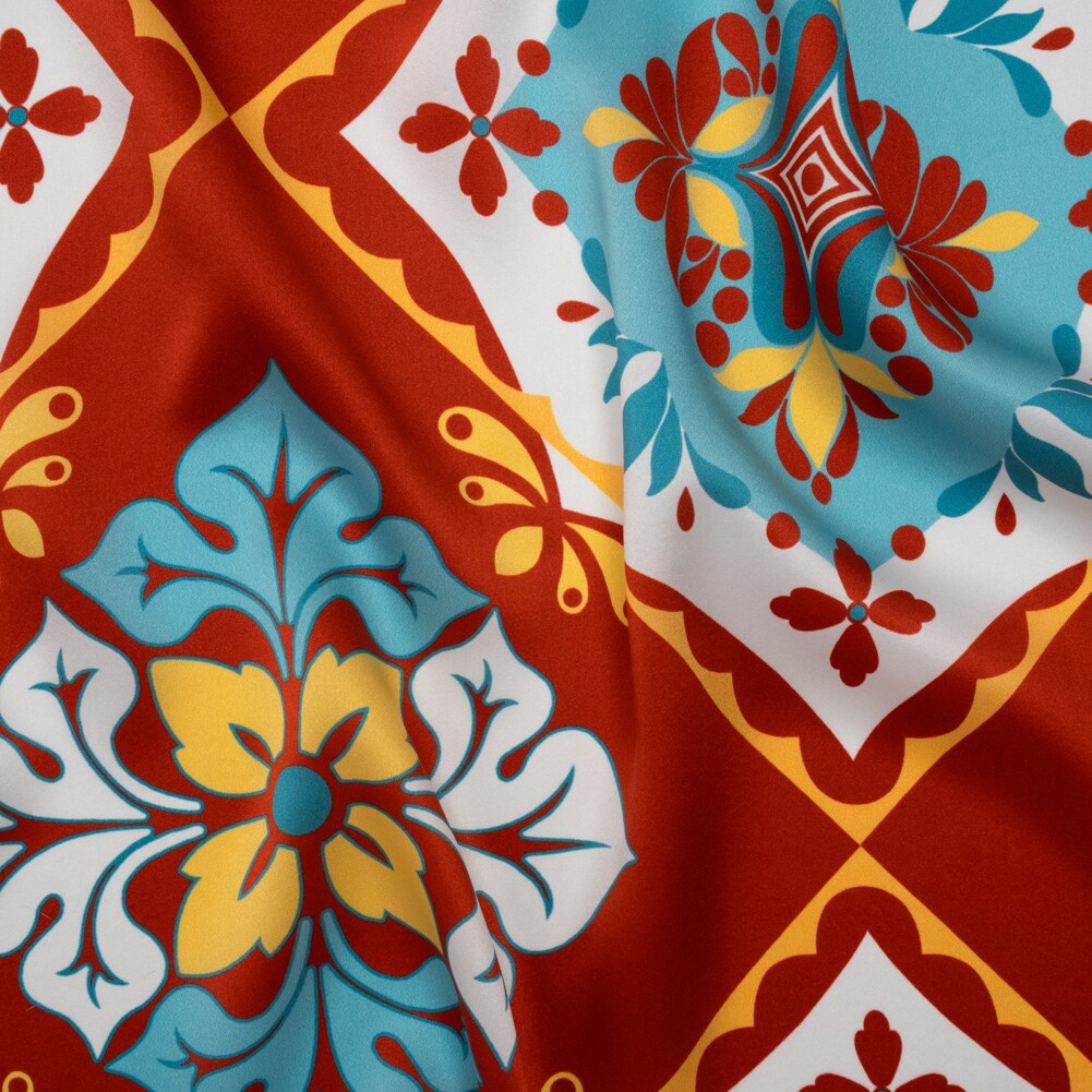 1 Yard Turquoise, Rust Red & Golden Yellow Fancy Floral Tiles Silk ...
