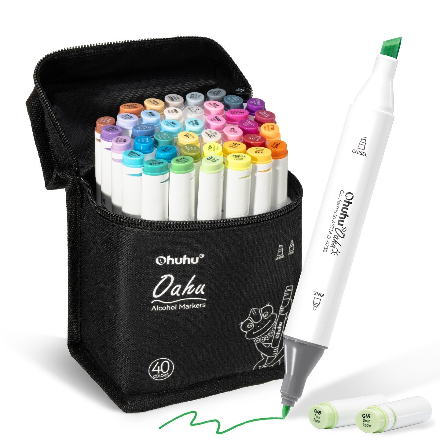 Ohuhu Oahu 40 Colors Alcohol Markers - Chisel & Fine Dual Tips - Double Tipped Art Marker Set for Artists Adults Coloring Illustration