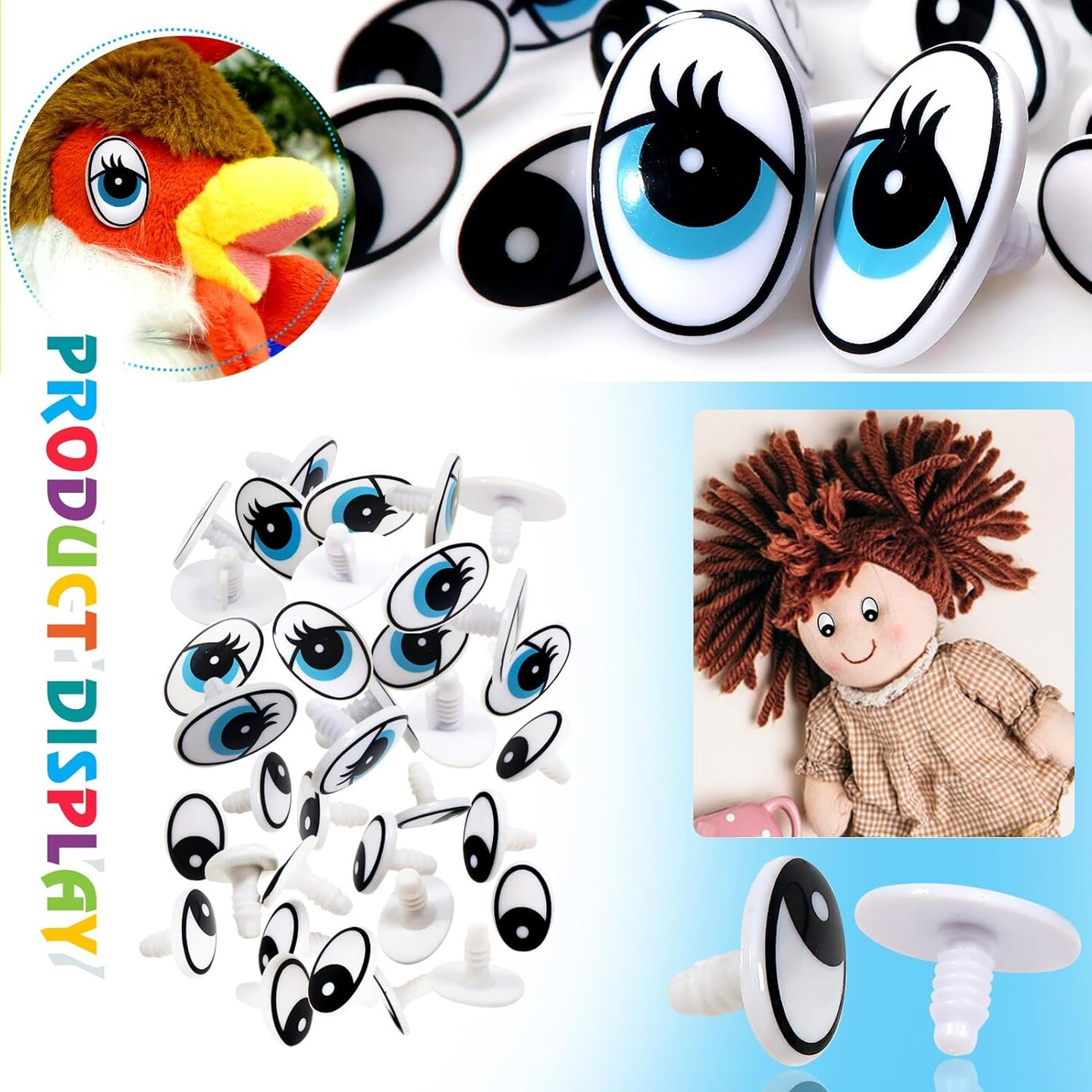 60 Set Plastic Safety Eyes Black and Blue Craft Eyes 13 x 19 mm 17 x 25 mm