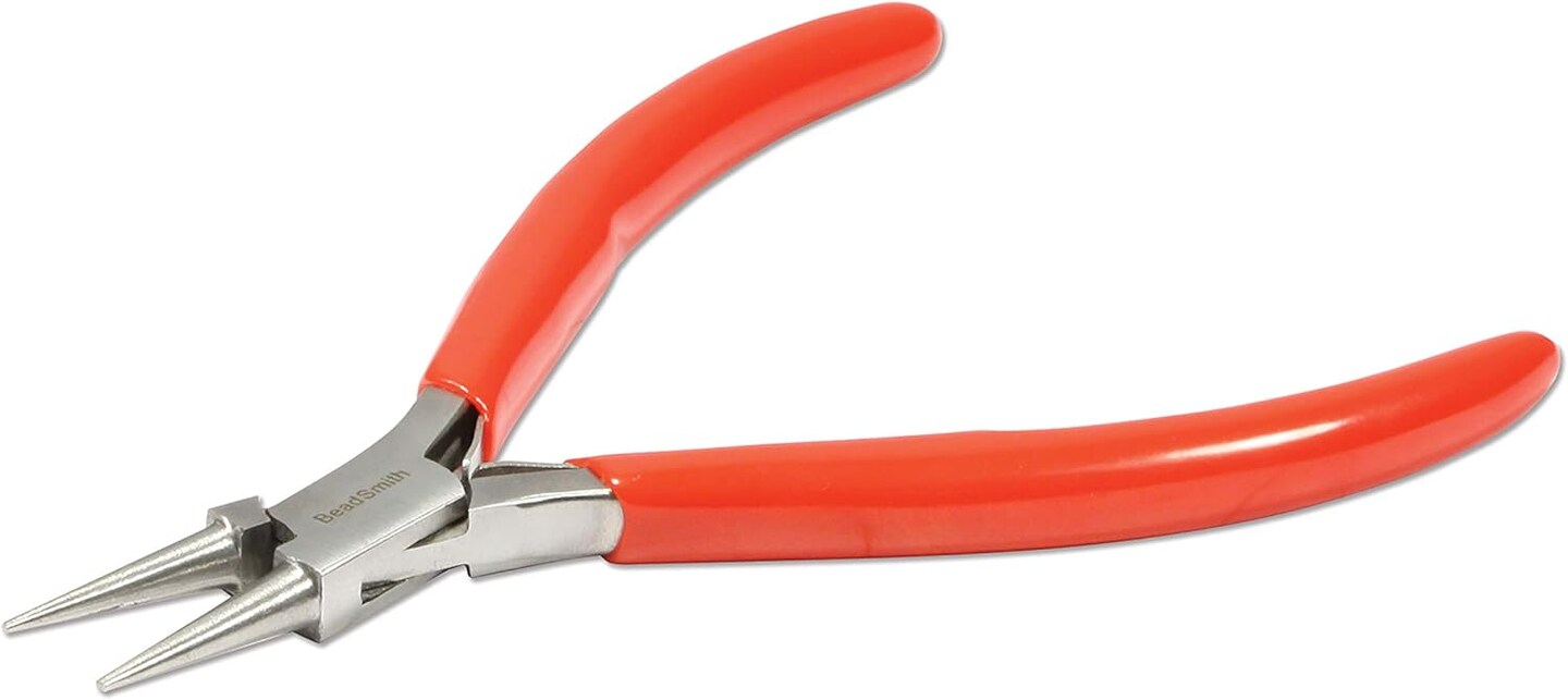 The Beadsmith Slim Line Round Nose Pliers, 4.75 inches (120mm) with polished steel head, red PVC comfort grip handle with double-leaf spring, tool for jewelry making