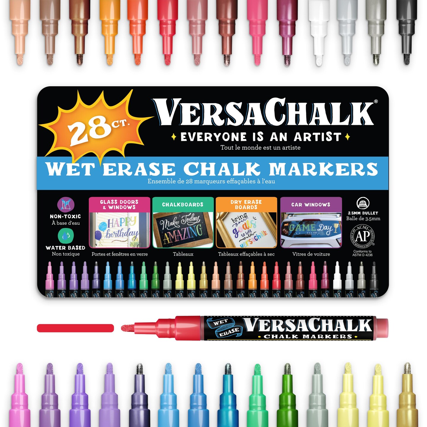 VersaChalk 28 Count Liquid Chalk Markers &#x2013; 3mm Fine Tip, Erasable, Non-Toxic Chalk Pens for Chalkboards, Glass, and Windows &#x2013; Easy Wipe