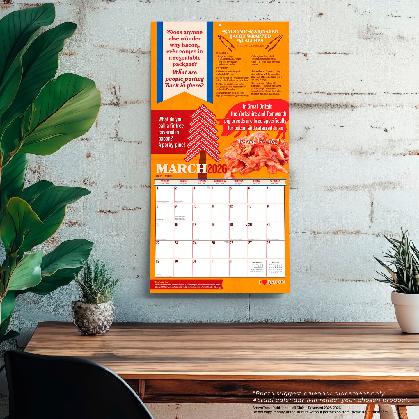 I Love Bacon | 2026 12 x 24 Inch (Hanging) Monthly Square Wall Calendar | Plastic-Free
