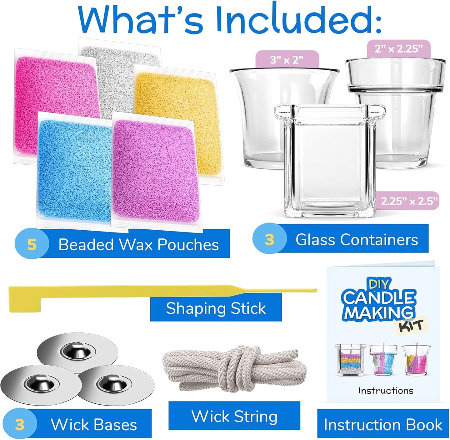 Candle Making Kit for Kids - DIY Kids Candle Making Kit - Design and Make Your Own Candles - Craft Supplies &#x26; Materials - 3 Glass Candle Containers, 3 Wicks, 5 Bags of Colored Wax